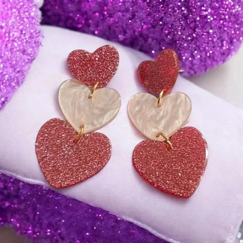 Gold Plated Acrylic Sparkly Pink Marbled Hearts Dangle Stud Earrings